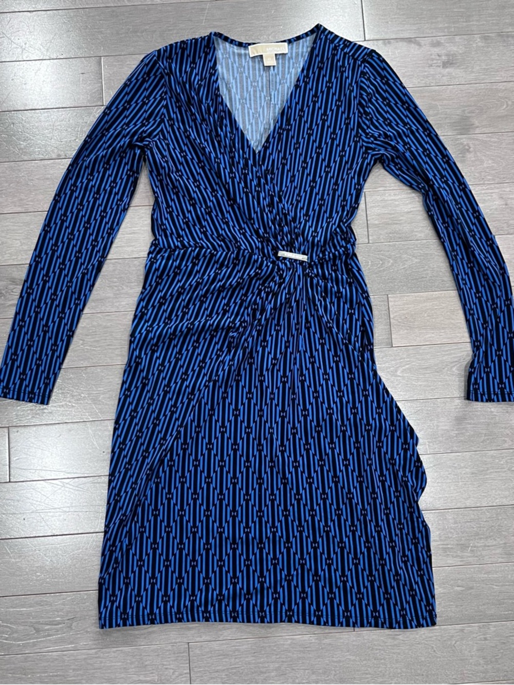 Michael Kors Faux Wrap Midi Dress, Blue Black Geometric Print, Size XS